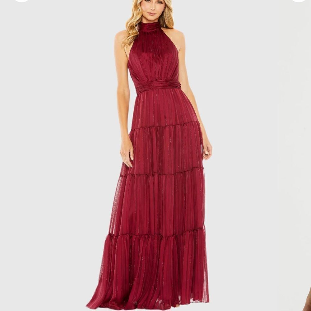 Mac Duggal | Tie Neck Tiered Halter Floor Length Gown NWTs